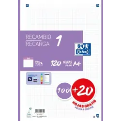 Oxford School Recambio A4 120 Hojas Cuadricula 5x5mm - 4 Taladros - Banda de Color Lila | Ahorro Imprimiendo