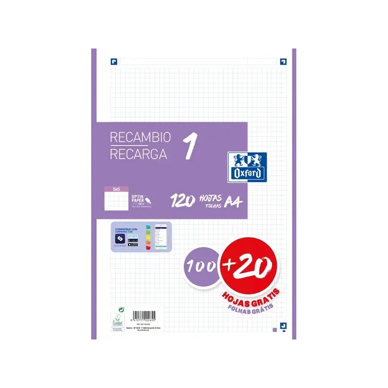 Oxford School Recambio A4 120 Hojas Cuadricula 5x5mm - 4 Taladros - Banda de Color Lila | Ahorro Imprimiendo
