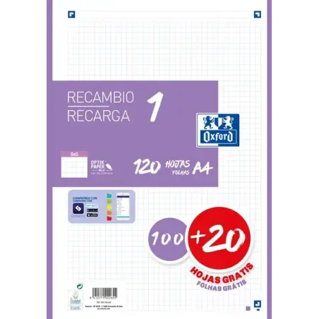 Oxford School Recambio A4 120 Hojas Cuadricula 5x5mm - 4 Taladros - Banda de Color Lila | Ahorro Imprimiendo
