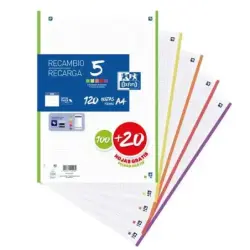 Oxford 5 Recambio de 120 Hojas Formato A4 Cuadriculado 5x5mm 4 Taladros - Banda de 5 Colores Vivos | Ahorro Imprimiendo
