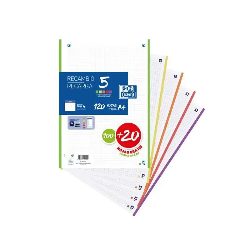 Oxford 5 Recambio de 120 Hojas Formato A4 Cuadriculado 5x5mm 4 Taladros - Banda de 5 Colores Vivos | Ahorro Imprimiendo