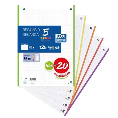 Oxford 5 Recambio de 120 Hojas Formato A4 Cuadriculado 5x5mm 4 Taladros - Banda de 5 Colores Vivos | Ahorro Imprimiendo
