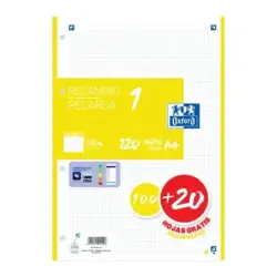 Oxford School Recambio A4 120 Hojas Cuadricula 5x5mm - 4 Taladros - Banda de Color Amarillo | Ahorro Imprimiendo