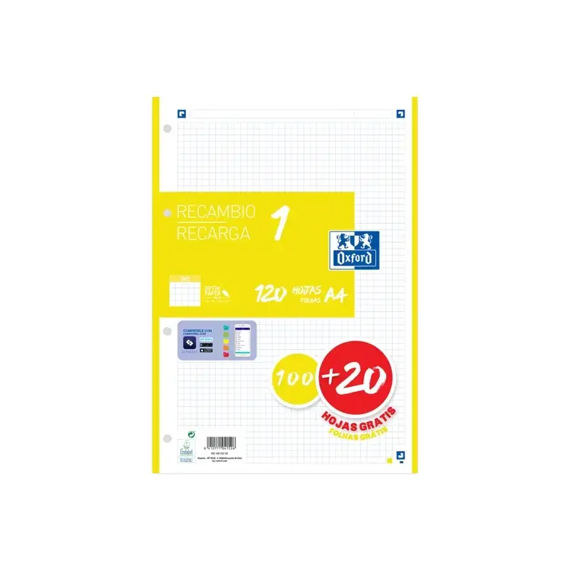 Oxford School Recambio A4 120 Hojas Cuadricula 5x5mm - 4 Taladros - Banda de Color Amarillo | Ahorro Imprimiendo