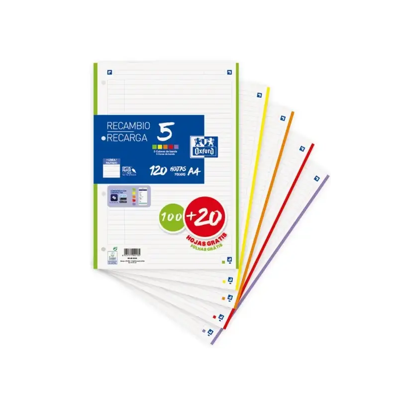 Oxford School Recambio con 120 Hojas A4 1 Linea - 5 Bandas de Color | Ahorro Imprimiendo