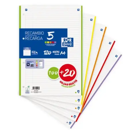 Oxford School Recambio con 120 Hojas A4 1 Linea - 5 Bandas de Color | Ahorro Imprimiendo