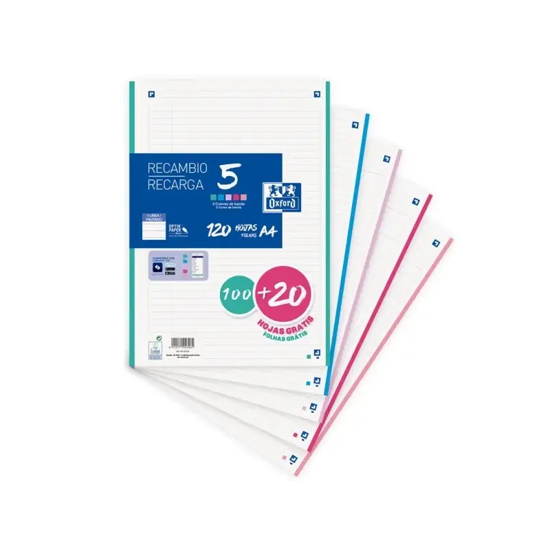 Oxford School Recambio 120 Hojas A4 1 Linea - 4 Taladros - 5 Bandas de Color | Ahorro Imprimiendo