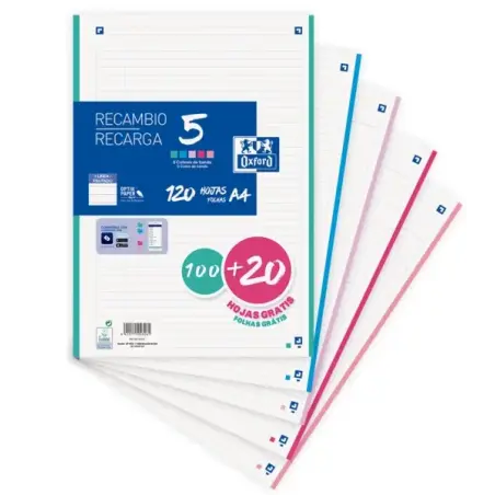 Oxford School Recambio 120 Hojas A4 1 Linea - 4 Taladros - 5 Bandas de Color | Ahorro Imprimiendo