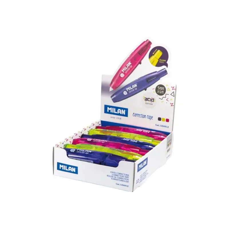 Milan Acid Expositor con 12 Cintas Correctoras con Pulsador 5mm x 6m - Colores Surtidos | Ahorro Imprimiendo