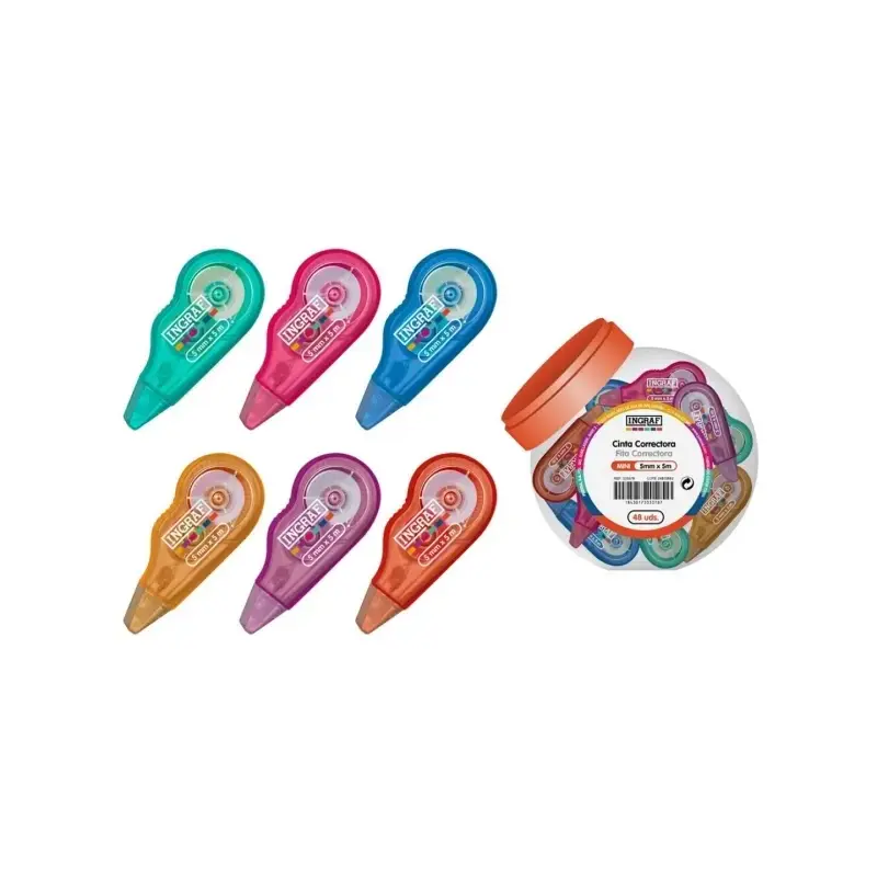 Ingraf Mini Mediterraneo Expositor con 48 Mini Cintas Correctoras 5mmx5m - Perfecta Adherencia al Papel - Cuerpo de Colores Surt