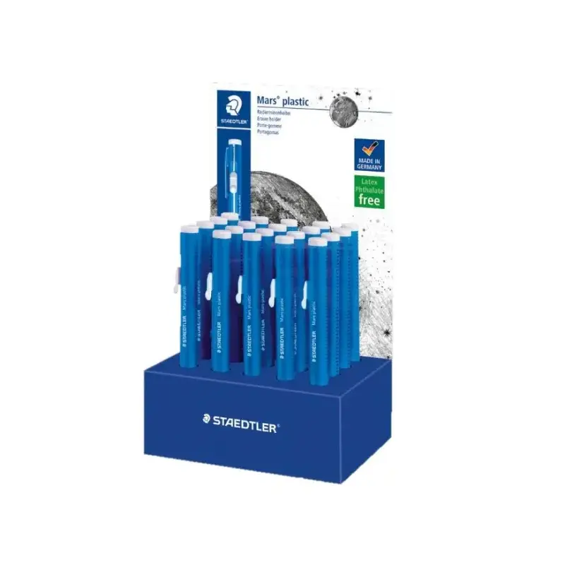 Staedtler Mars Plastic 528 50 Expositor con 20 Portagomas en Forma de Lapiz - Con Cursor para Deslizar la Goma - Sin Ftalatos ni