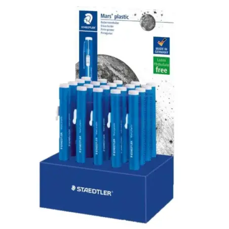 Staedtler Mars Plastic 528 50 Expositor con 20 Portagomas en Forma de Lapiz - Con Cursor para Deslizar la Goma - Sin Ftalatos ni
