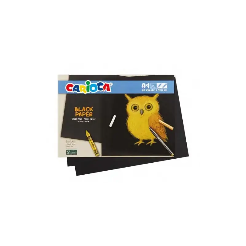 Carioca Black Pack con 20 Hojas A4 de Color Negro - Papel de 150gr - Recomendado para Tizas, Ceras, Rotuladores Brillantes etc..