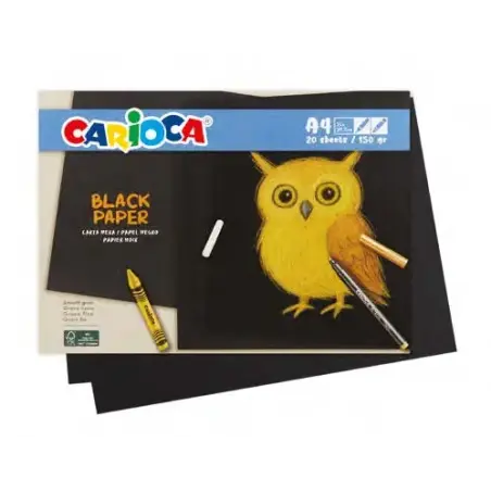 Carioca Black Pack con 20 Hojas A4 de Color Negro - Papel de 150gr - Recomendado para Tizas, Ceras, Rotuladores Brillantes etc..
