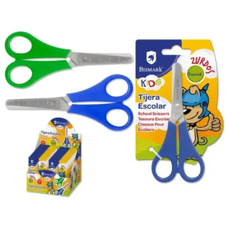 Bismark Kids Tijera Escolar para Zurdos - Mangos en Plastico - Punta Roma - Colores Azul y Verde | Ahorro Imprimiendo