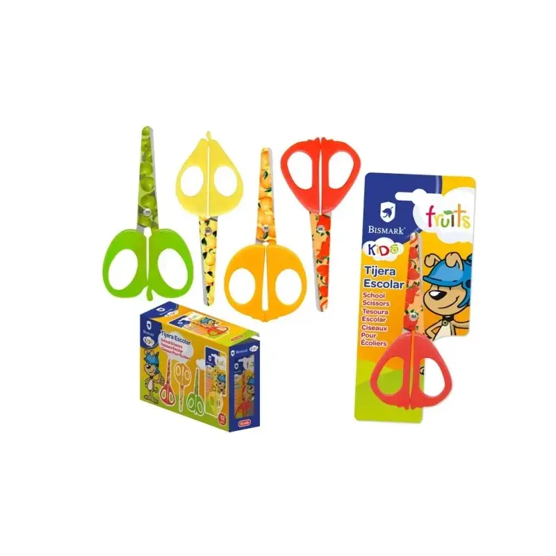 Bismark Kids Fruits Tijera Escolar 13cm - Hojas y Mangos Decorados con Frutas - Mangos en Plastico - Punta Roma - 4 Diseños Surt