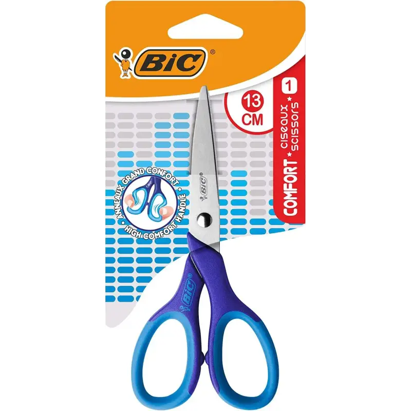 Bic Comfort Tijera Escolar de Acero Inoxidable 13cm - Mango Suave - Uso Diestro - Colores Surtidos Aleatorio | Ahorro Imprimiend