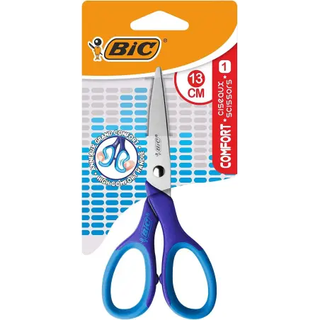 Bic Comfort Tijera Escolar de Acero Inoxidable 13cm - Mango Suave - Uso Diestro - Colores Surtidos Aleatorio | Ahorro Imprimiend