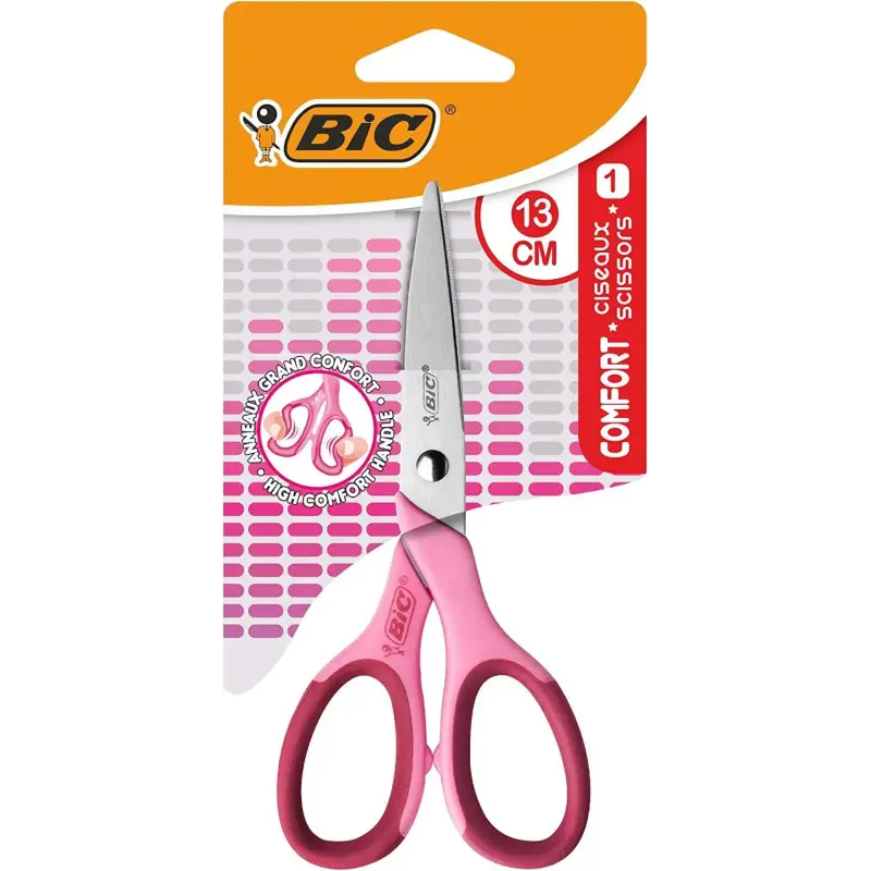 Bic Comfort Tijera Escolar de Acero Inoxidable 13cm - Mango Suave - Uso Diestro - Colores Surtidos Aleatorio | Ahorro Imprimiend