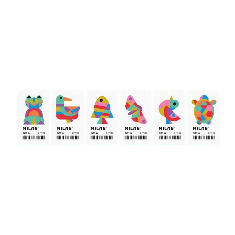 Milan 424A Goma de Borrar Rectangular - Miga de Pan - Caucho Sintetico - Color Blanco - Dibujos Geometricos de Animales Surtidos