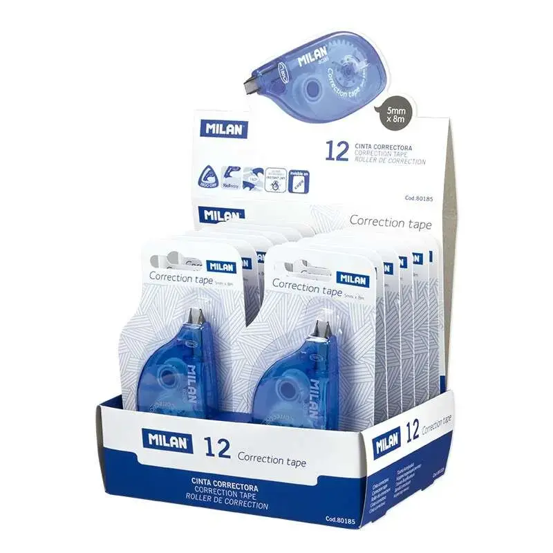 Milan Cinta Correctora 5mm x 8m - Correcion en Seco - Apta para Zurdos Gracias a la Rotacion de 180º de su Punta - Para todo Tip