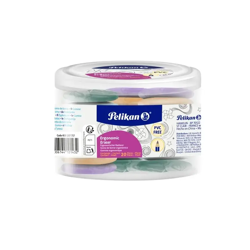 Pelikan Ergonomic Eraser Pack de 20 Gomas de Borrar - Vinilo - sin PVC - Efecto Marmol - Colores Surtidos | Ahorro Imprimiendo