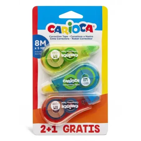 Carioca Pack Corrector de Cinta 2+1 - Cubriente - Se Puede Volver a Escribir Enseguida - Ideal para Cualquier Tipo de Papel - Co