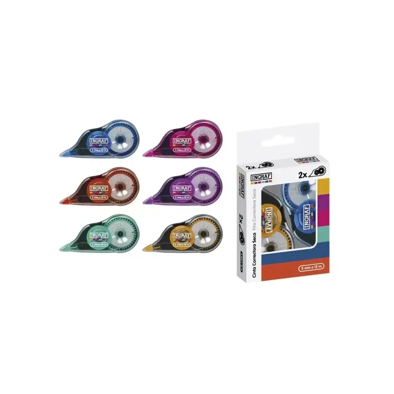 Ingraf Mediterraneo Pack de 2 Cintas Correctoras 5mmx12m - Perfecta Adherencia al Papel - Cuerpo de Colores Surtidos | Ahorro Im