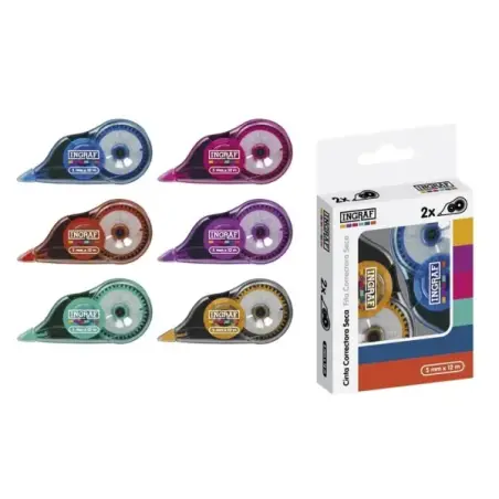 Ingraf Mediterraneo Pack de 2 Cintas Correctoras 5mmx12m - Perfecta Adherencia al Papel - Cuerpo de Colores Surtidos | Ahorro Im