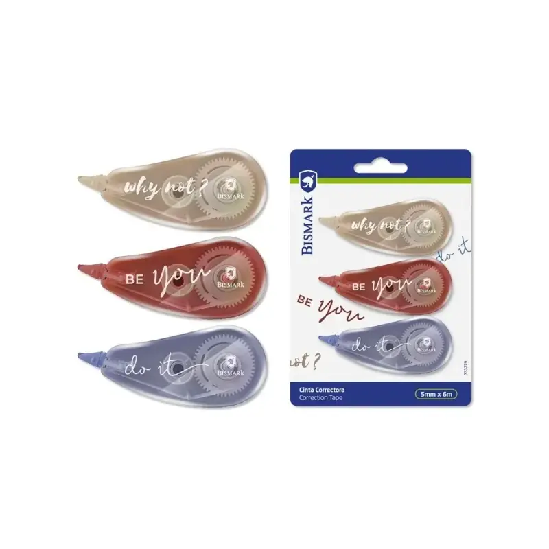 Bismark Be You Pack de 3 Cintas Correctoras 5mmx6m - Perfecta Adherencia al Papel - Presentacion en Blister - Cuerpo de Suaves C