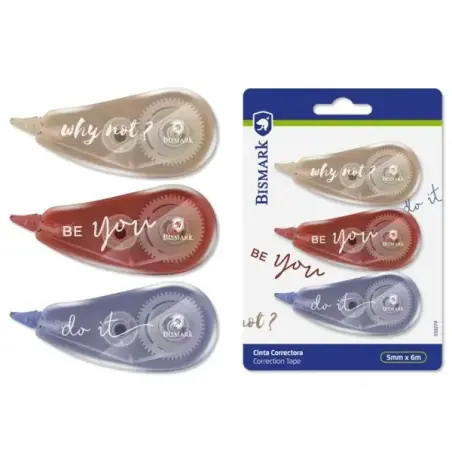 Bismark Be You Pack de 3 Cintas Correctoras 5mmx6m - Perfecta Adherencia al Papel - Presentacion en Blister - Cuerpo de Suaves C