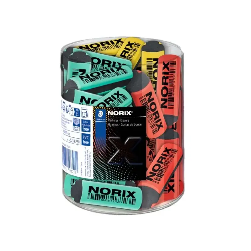 Staedtler Norix Expositor con 30 Gomas de Borrar - Sin PVC, Ftalatos ni Latex - Minimo Residuo - Colores Surtidos | Ahorro Impri