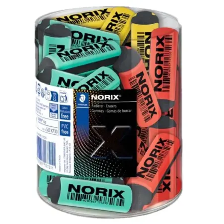 Staedtler Norix Expositor con 30 Gomas de Borrar - Sin PVC, Ftalatos ni Latex - Minimo Residuo - Colores Surtidos | Ahorro Impri