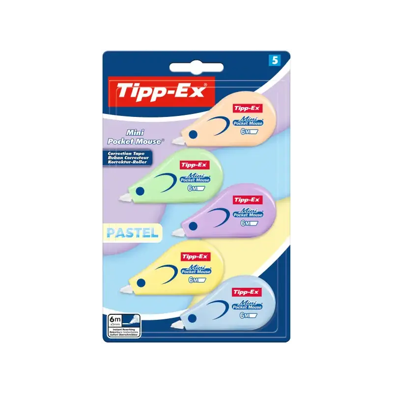 Tipp-Ex Mini Pocket Mouse Pastel Pack con 5 Cintas Correctoras 5mm x 6m - Resistente - Escritura Instantanea | Ahorro Imprimiend