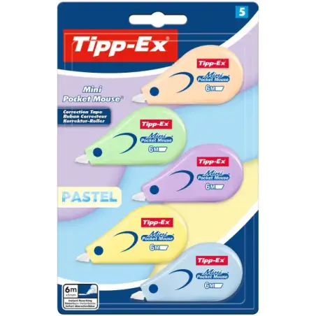 Tipp-Ex Mini Pocket Mouse Pastel Pack con 5 Cintas Correctoras 5mm x 6m - Resistente - Escritura Instantanea | Ahorro Imprimiend