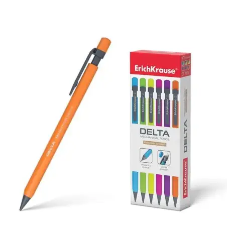 Erichkrause Delta Portaminas 0.5mm HB - Para Minas de 0.5mm - Goma de Borrar - Forma Triangular Ergonomica - Colores Neon Brilla