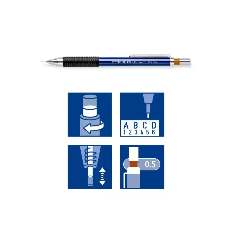 Staedtler Mars Micro 775 Portaminas 0.5mm - Punta Metalica Retractil - Mina Amortiguada - Grip de Caucho - Clip Metalico - Color