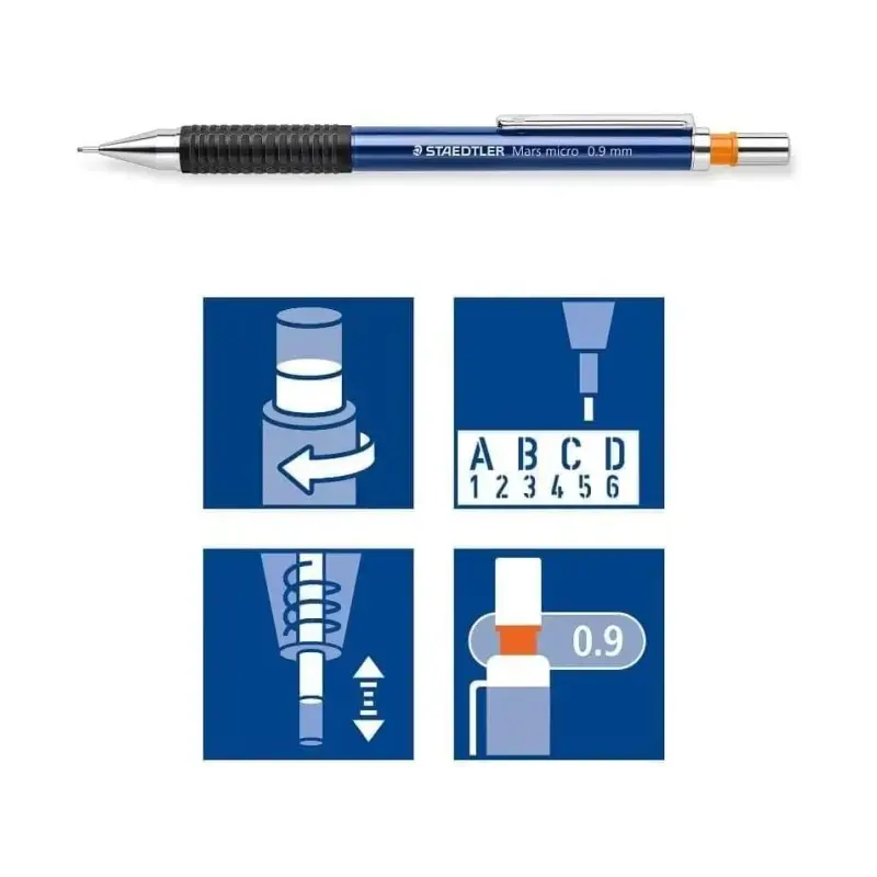 Staedtler Mars Micro 775 Portaminas 0.9mm - Punta Metalica Retractil - Mina Amortiguada - Grip de Caucho - Clip Metalico - Color