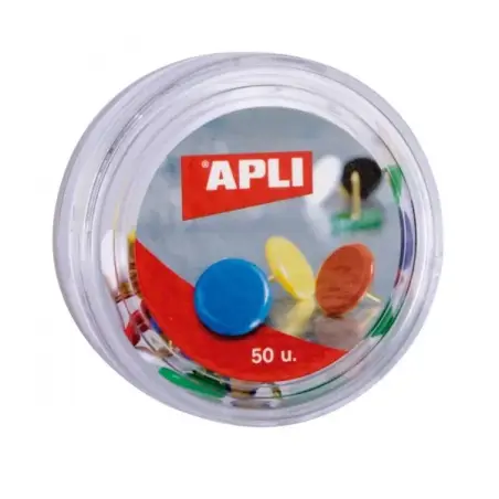 Apli Caja de 50 Chinchetas Niqueladas con Cabezal de Plastico - Cabeza Redondeada - Puntas Afiladas - Colores Surtidos | Ahorro