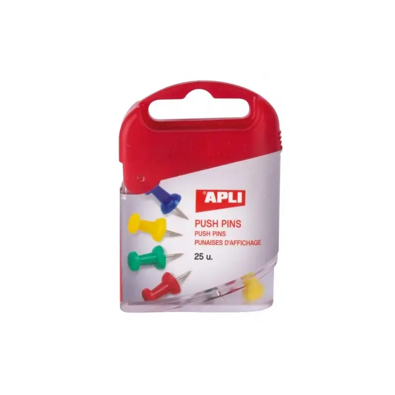 Apli Caja de 25 Agujas Push Pins - Cabeza Plastica - Punta Metalica - Ideal para Mapas, Corcho, Madera y Manualidades - Colores