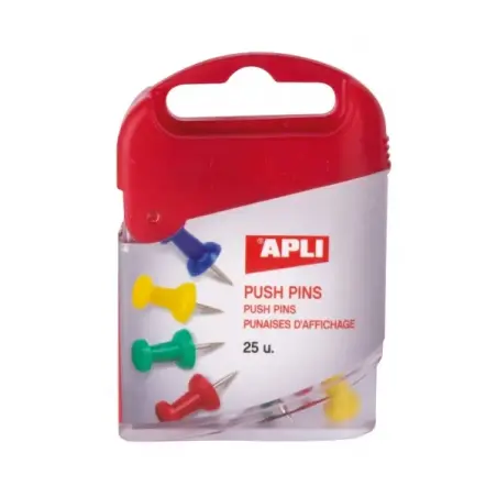 Apli Caja de 25 Agujas Push Pins - Cabeza Plastica - Punta Metalica - Ideal para Mapas, Corcho, Madera y Manualidades - Colores