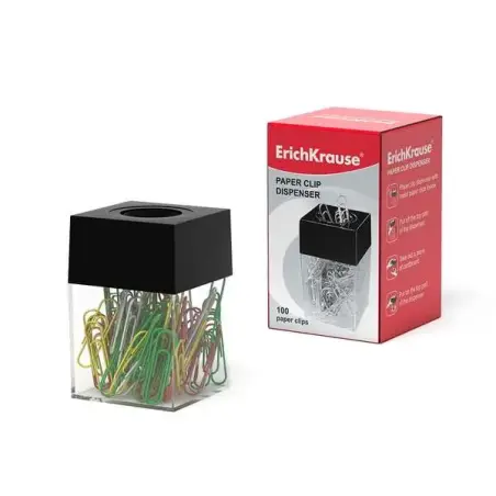 Erichkrause Dispensador Magnetico de Clips - Compacto y Elegante - Incluye 100 Clips de Colores - Color Transparente/Negro | Aho