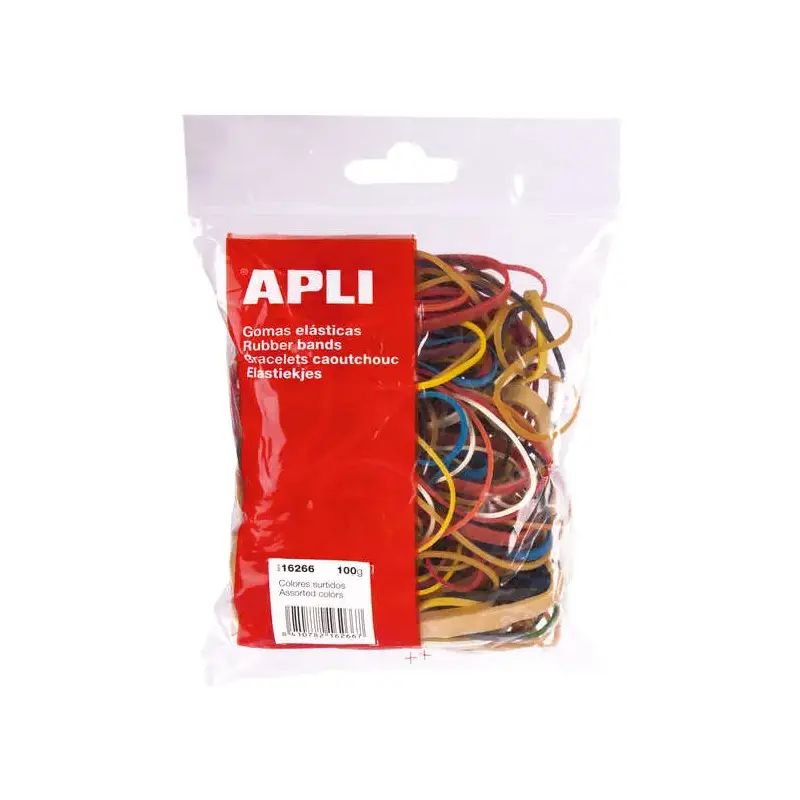 Apli Pack de Gomas Elasticas con Medidas y Colores Surtidos - Contenido 100g - Gran Elasticidad y Resistencia - 70% Caucho Natur