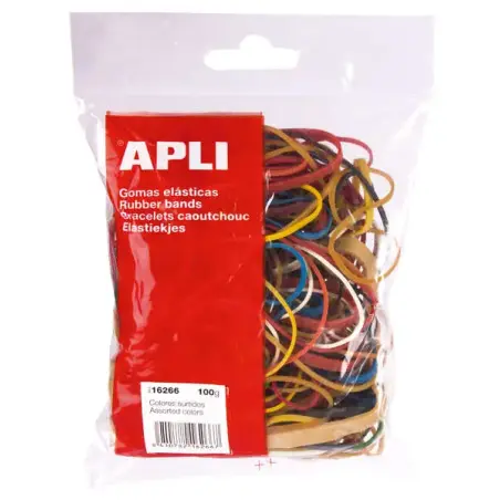 Apli Pack de Gomas Elasticas con Medidas y Colores Surtidos - Contenido 100g - Gran Elasticidad y Resistencia - 70% Caucho Natur