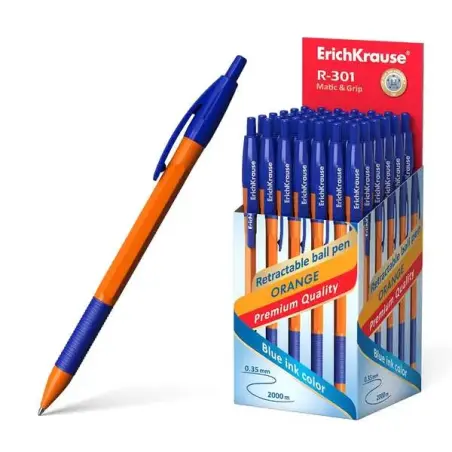 Erichkrause R-301 Naranja Matic&Grip Boligrafo Retractil - Punta de 07mm - Trazo de 0.35mm - Grip de Goma - Tinta de Secado Rapi