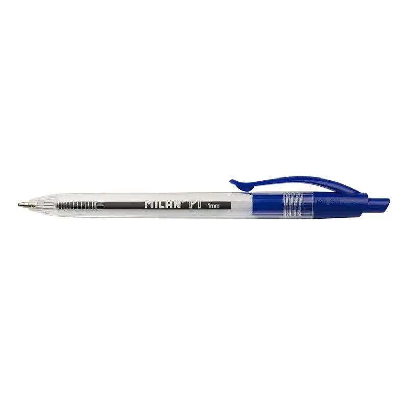 Milan P1 Boligrafo de Bola Retractil - Punta Redonda 1mm - Cuerpo Transparente - Color Azul | Ahorro Imprimiendo