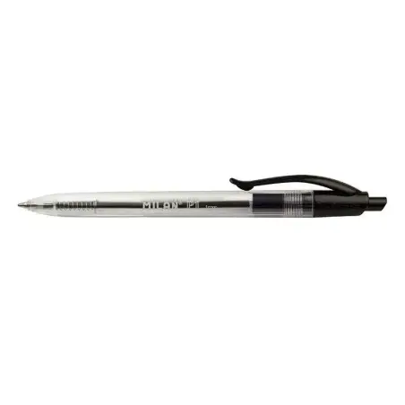 Milan P1 Boligrafo de Bola Retractil - Punta Redonda 1mm - Cuerpo Transparente - Color Negro | Ahorro Imprimiendo