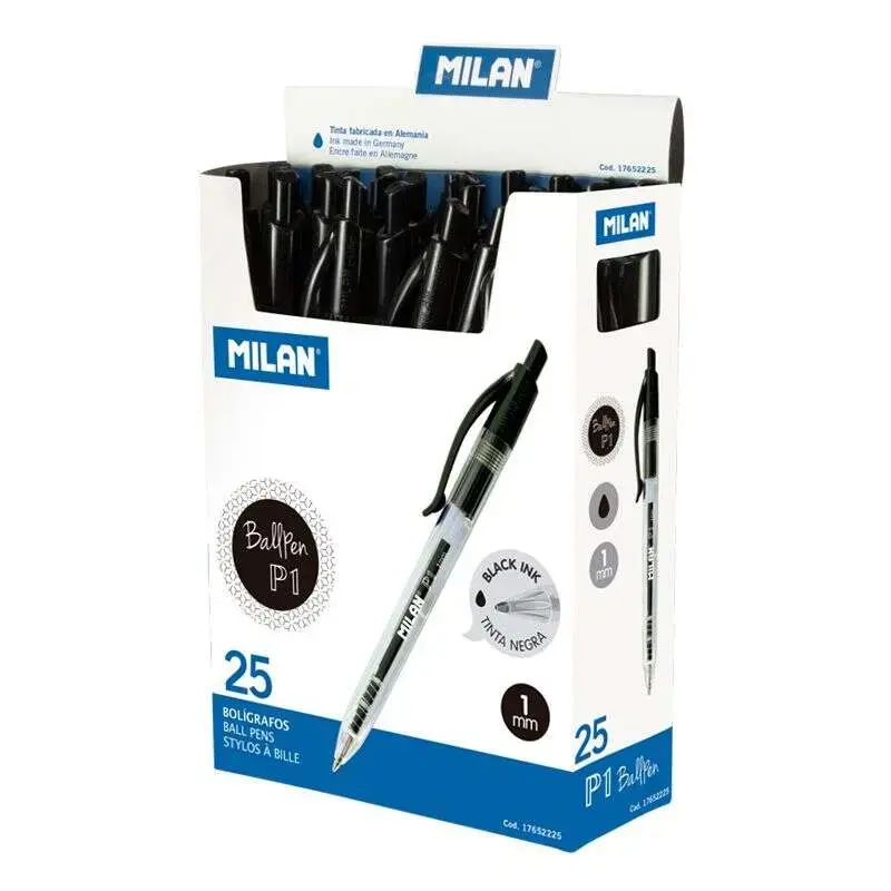 Milan P1 Boligrafo de Bola Retractil - Punta Redonda 1mm - Cuerpo Transparente - Color Negro | Ahorro Imprimiendo