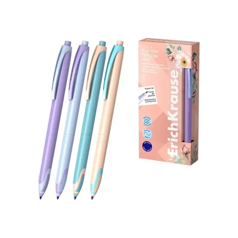 Erichkrause Bloom TipFlow Matic Pastel Boligrafo Retractil - Punta de Bola 0.5mm - Trazo de 0.4mm - Tinta Azul - Cuerpo en Color