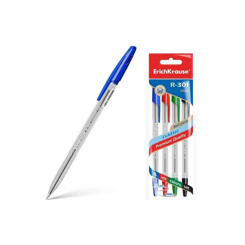 Erichkrause R-301 Pack de 4 Boligrafos de Bola Punta 1.0mm - Trazo 0.5mm - Tinta de Secado Rapido - Cuerpo Transparente - Capuch